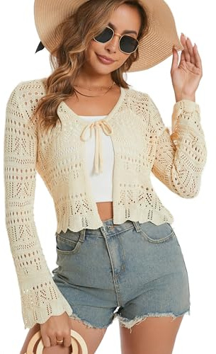 Dosieyeo Damen Häkel Cardigan Langarm Strickjacke mit Bindeband V Ausschnitt Bolero Leicht Cutout Strand Cover Up beige,S