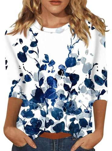 My Order Casual 3/4 Sleeve Tunic Tops for Women UK 2025 Summer Fashion Crew Neck Lightweight Blouse Dressy Comfy Loose Fit Shirts Ladies Elegant Floral Print T-Shirt Going Out Tee