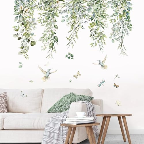 EEEKit Botanische Wandtattoos, Peel and Stick Eukalyptus Blumen Blätter Fensteraufkleber, Große Ranken Aufkleber für Wanddekoration