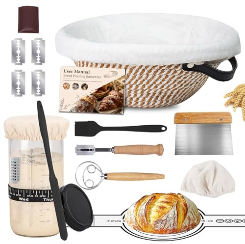 Sauerteig Starter Set, 700ml Sauerteig Glas, Baumwollseil Runde Gärkörbchen für Brot Gärkorb Brot mit Liner & Abdeckungen, Geschenk für Bäcker & Complete Sauerteig Brot backen Set