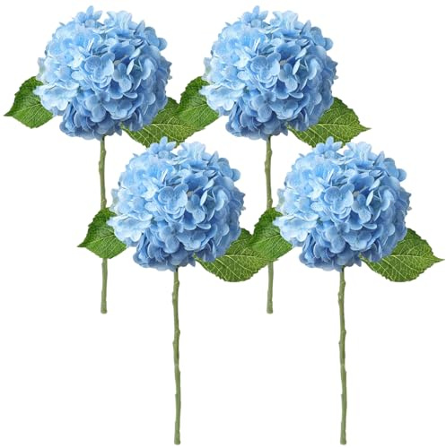 Jorzer Flores Artificiales de Hortensia Azul 4 Unidades de 20 Pulgadas de Tacto Real Flores Artificiales de Seda y plástico para mesas de Boda Fiestas y Exteriores.