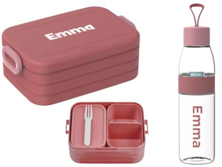 Mepal Set – Personalisierte Bento Lunchbox & Trinkflasche 500 ml – Brotdose mit Namen für Kinder & Erwachsene – BPA-frei – Schule, Büro & unterwegs – Vivid mauve