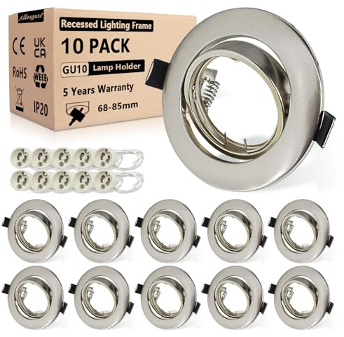 Allesgute 10er LED Einbaustrahler GU10 68mm Set Rund Einbaurahmen 360°Schwenkbar Edelstahl Gebürstet Einbauleuchten Rahmen Deckenspots Inkl. GU10 Fassung für LED oder Halogen Leuchtmittel | 360°Schwenkbar, Edelstahl Gebürstet, Rund Einbauleuchten Rahmen, Inkl. GU10 Fassung, für LED oder Halogen Leuchtmittel