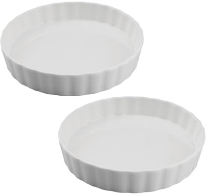 WakiHong Set of 2 White Porcelain Quiche Dish 18 cm Porcelain Pie Dish Flan Dish Round Deep Ceramic Pie Dish,for Pie,Pizza,Pasta,Tart & Quiche(White)