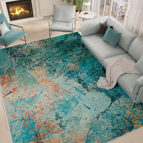 Arbosofe Modern Abstract Rug for Living Room, 5'x7' Washable Area Rug with Non-Slip Backing & Short Pile, Large Carpet with Abstract Pattern for Living Room Bedroom and Dining Floor Carpet Green