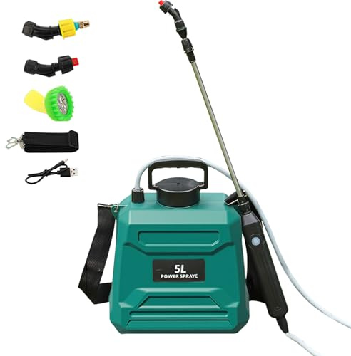 Pulverizador eléctrico de 5 L, pulverizador de jardín con 3 boquillas de niebla, pistola pulverizadora telescópica recargable, pistola pulverizadora telescópica recargable (Verde)