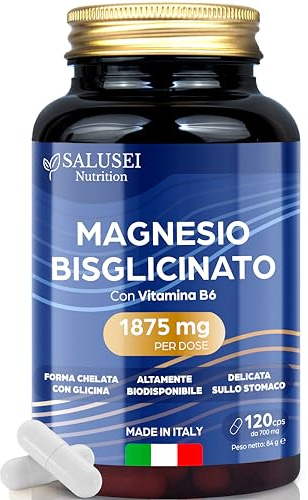 Magnesio Bisglicinato 1875mg con Vitamina B6, 120 capsule – integratore per supporto muscolare nervoso e cognitivo, sostegno della stanchezza fisica e mentale – senza glutine nè soia, Made in Italy