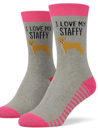 I Love My Staffy Socks – Funny Staffordshire Bull Terrier Gift Socks for Dog Lovers, Cotton-Rich Novelty Crew Socks, Grey & Pink, Unisex UK Size 6–11