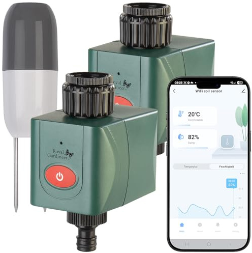 Royal Gardineer Smart Home Bewässerungen: 2er-Set WLAN-Bewässerungscomputer mit Bodensensor (Automatische Pflanzenbewässerungen)