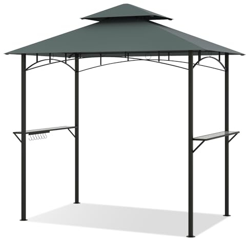 FANTASK Grillpavillon, 240 x 151 x 255 cm, Grill Pavillon Doppeldach mit 7 Haken & Seitenregalen, Grillunterstand wetterfest mit Metallrahmen, Pavillon für BBQ Garten Außenbereich (Grau)