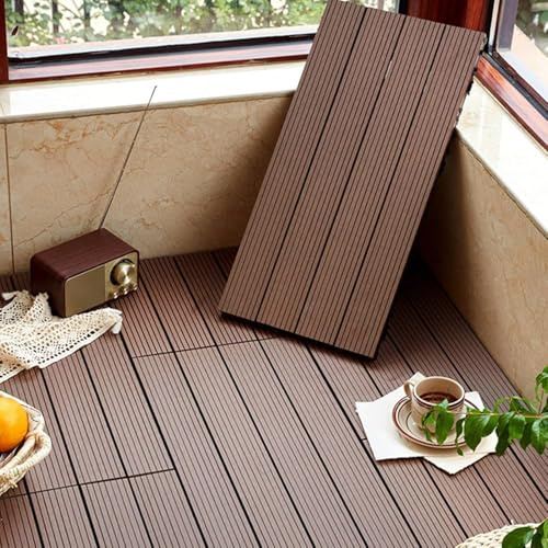 Dalles et lames de terrasse en composite, Carreaux de terrasse en bois emboîtables multicolores 12x12x0,8 pouces, paquet de 8(Light Coffee)