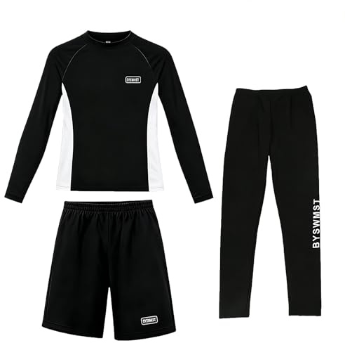 Generico Costumi da Bagno Uomo Rash Guard 3 Pezzi con Maglietta Maniche Lunghe, Pantaloni Lunghi e Corti Muta Nuoto Acque Libere Costume Surf Snorkeling per Estivo Spiaggia Hawaiana Vacanze,Nero,3XL