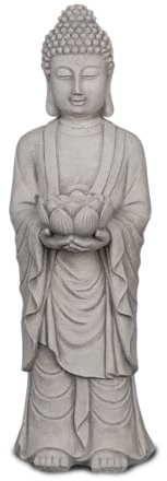 gartendekoparadies.de Buddha Statue aus Steinguss mit Lotusblüte, Grau, 45 cm, 7 kg, Frostsicher, für Garten und Innenbereich