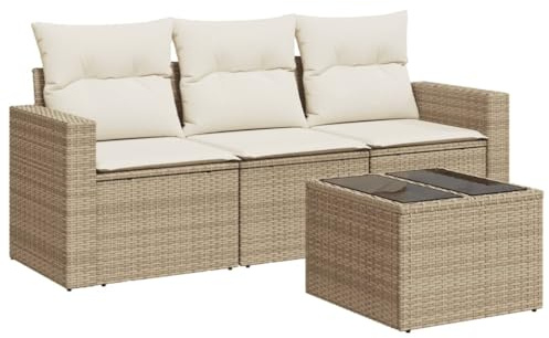zylophax 4-TLG. Garten-Sofagarnitur aus Poly Rattan mit Kissen Beige, wetterfestes modular kombinierbares Loungesofa für Terrasse Balkon Wintergarten, inkl. Stauraum und abnehmbare Bezüge