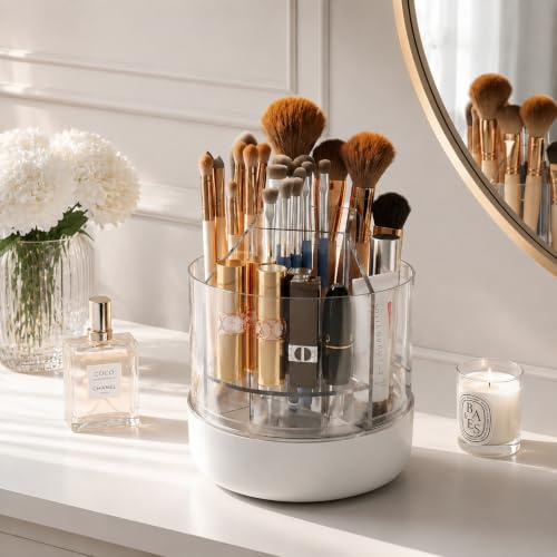 CTIME Makeup Organizer, 5-Compartment Makeup Brush Holder | 360° Smooth Rotation, Cosmetics storage, Perfect for Vanity, Bathroom & Desktop