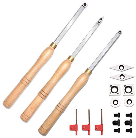 Woodturning Carbide Lathe Tools, 17” Full Size Wood Turning Tool Set of 3 Rougher Detailer Finisher, Includes Replacement Cutter Inserts