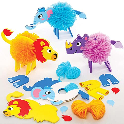 Baker Ross FE263 Kit Pompon Animali della Giungla - Confezione da 3, Arte per Bambini, Crea il Tuo Pompon Soffice