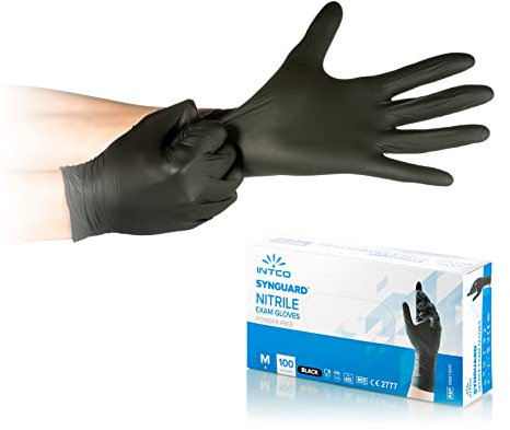 INTCO SYNGUARD 500 gants noirs en nitrile sans poussière jetables Ambidextres Base en caoutchouc Convient pour les environnements médicaux manipulation des aliments Lot de 100 pièces (500 S)
