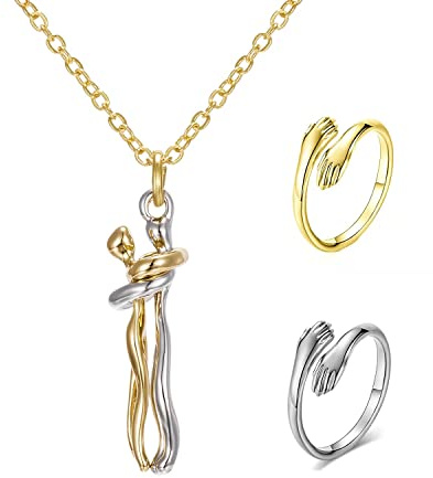 Abreli Collier Couple Câlin Affectueux Collier & Bague de Câlin Chaîne en Acier Inoxydable pour Elle Et Lui Collier D'amitié Cadeaux Saint Valentin pour Hommes Et Femmes (Silver+Gold)