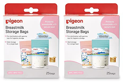 Pigeon Breast Milk Storage Bag, Disposable Self Standing Bag, 5 Colorful Design, 50 Pcs (Pack of 2), 4 Oz
