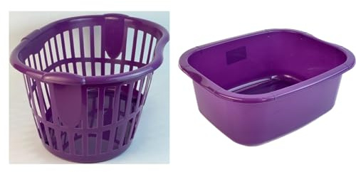 Hipster Plastic Laundry Basket with Handles 34L Large Storage Hamper for Washing Clothes Nursery Home Organisation & 11L Wash up Bowl (Purple Basket + Washing Bowl)