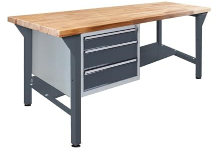 Steinbock Werkbank 3 Schubladen | 150x85x75 cm | 500 kg | Grau | 500 kg Tragkraft | 5 cm geölte Massivholz-Arbeitsplatte aus Buche | stabiles Stahlgestell | Werktisch | Made in EU