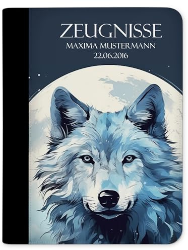 CreaDesign Zeugnismappe A4 mit Namen personalisiert für Kinder – Wolf blau – Dokumentenmappe Schule ohne Klarsichthüllen