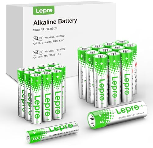 Lepro AA & AAA Batteries 24 Pack, 1.5 Volt Alkaline Batteries with High Capacity, Anti-Leakage, Long Lasting Power, LR03 LR06 MN2400 MN1500 Batteries Pack for Clocks Remotes Mouse Torch