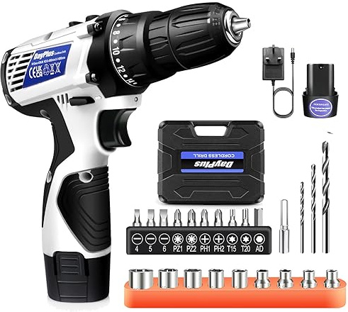 Trapano avvitatore a batteria da 45 Nm, 18 + 1 coppia, avvitatore a batteria con 1 batteria da 1,3 Ah e caricatore rapido, vite a percussione con cassetta degli attrezzi portatile, bianco