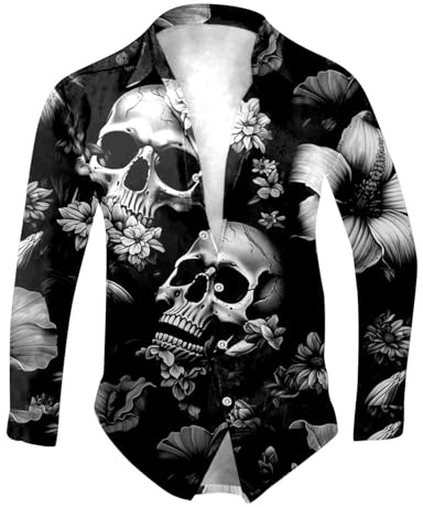 Camisas de Verano Hombre Retro Estampada Funny con Botones Moderno Camisa de Halloween Holgada de Manga Larga Halloween Camiseta Camisetas para Halloween Hawaiana Día de Los Muertos
