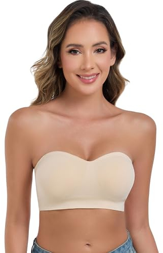 ANGOOL Strapless Bras for Women Wirefree Non-Slip Tube Top Invisible Bralette Seamless Padded Bandeau Bra, Beige, L