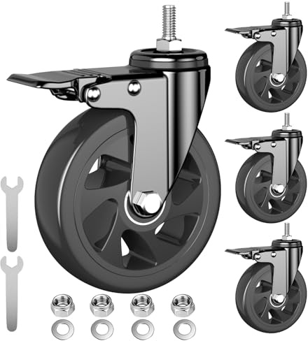 5 inch Heavy Duty Casters, Stem Casters 2400lbs, 1/2-13 x 1(Stem Diameter 1/2, Stem Length 1), Threaded Stem Caster Wheels Set of 4, Locking Swivel Casters Black