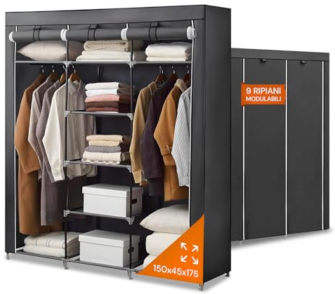 Avilia Armadio in Tessuto con Telo Zip – Guardaroba Salvaspazio con 9 Ripiani, 150x45x175 cm – Armadio Portaoggetti per Camera, Bagno o Soggiorno – Facile da Montare, 5 kg a Ripiano