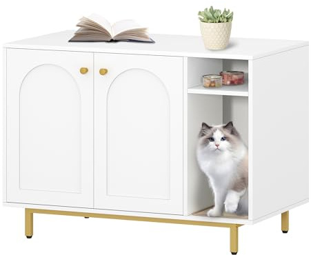 Hzuaneri Kattskåp, Kattlåda, Kattlåda, Katthus med Dörr och Separat Skiljevägg, 100 x 50 x 72 cm, Stabilt Kattskåp, Sittbänk, Vit och Guld, CB86903A