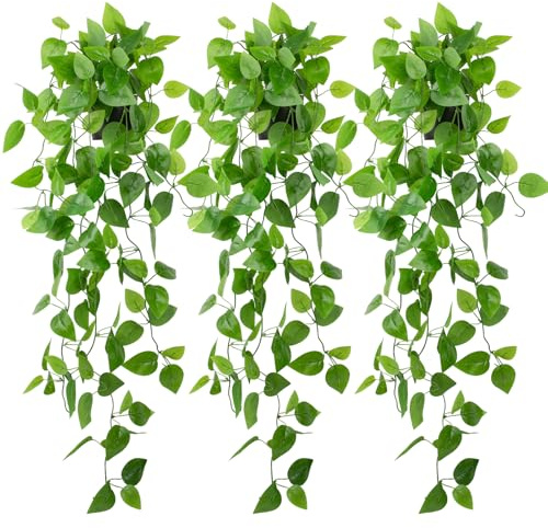 LOYWREE 3 Pack Small Artificial Hanging Plants with Faux Ivy Vine and Hanging Pothos 39Inch Fake Plant Realistic Greenery for Shelf Decor in Home, Office, Indoor & Outdoor Gardens