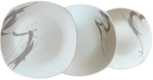 Omniacasa Set Piatti Porcellana 18 Pezzi per 6 Persone – Servizio da Tavola Moderno Bianco e Tortora – Lavabili in Lavastoviglie – Piatti Piani, Fondi e Dessert – Modello Ink Painting