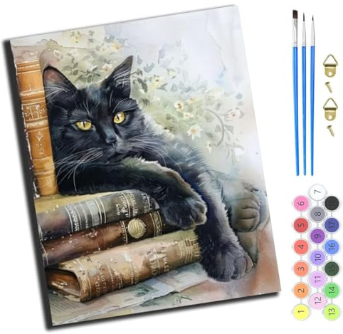 XIAOYOUQIAN Klassisches Buch Zauberbuch Schwarze Katze,Malen Nach Zahlen Erwachsene,Diy Handgemalt Ölgemälde Kit,Anfänger Kreativ Bastelset Für Erwachsene Und Mädchen Geschenk,16X20 Inch,Ohne Rahmen