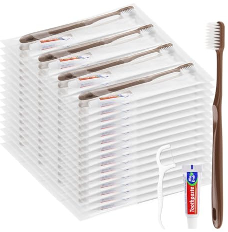 Engångsrese-tandborste, tandborste och tandkräm, individuellt förpackad, brun, med tandtrådsplekar, lämplig för hotell, hem, camping, resor (100-pack)