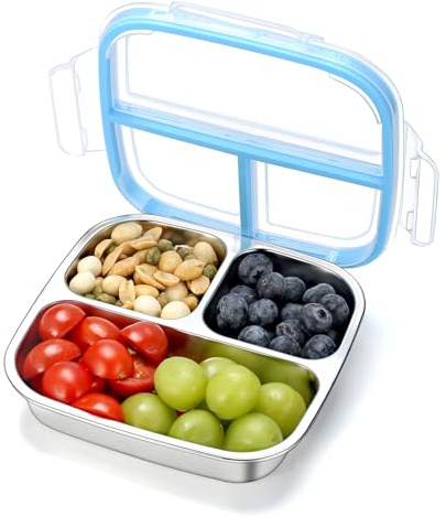 DOCMON Stainless Steel Snack Containers, 3 Compartments Reusable on and go Bento Box with Lids for Kids, Lunch Box Pre Meal Storage for School Office Outdoor Camping Travel - Blue