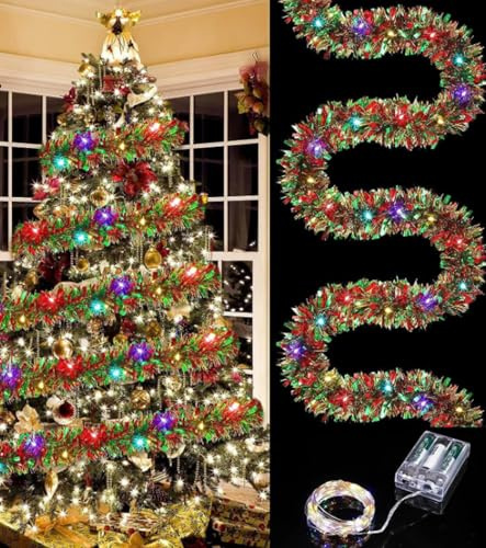 Guirnalda de Oropel Navidad con Luces Multicolores, 5m Espumillon Arbol Navidad, Espumillón de Navidada, Oropel Navidads, Espumillons Decoración para Fiesta Árbol de Navidada
