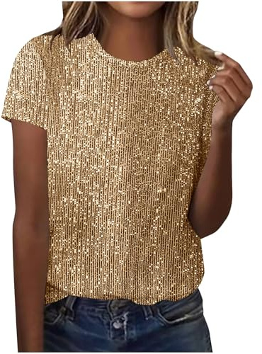 Womens Sequin Tops Sparkly Glitter Shiny Blouse Ladies Elegant Crew Neck Short Sleeve Loose Shirts Party Tank Top Festival Dress Tunic Tee Evening Night Going Out Prom Club Shimmer Christmas XL Gold
