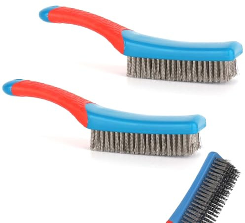 2 Pack Stainless Steel Wire Brushes, Heavy Duty Oven Cleaning Metal Brush, Hard Bristle Cleaning Wire Scratch Scrubbing Brushes with Comfortable Handle for Kitchen Paint Rust Removal
