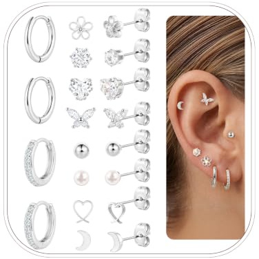 10 Pairs Gold Stud Earrings for Women, Hypoallergenic Surgical Stainless Steel Small Stud earrings Sterling Silver Stud Earrings Tiny CZ Hoop Cartilage Helix Tragus Piercing Jewellery (Silver)