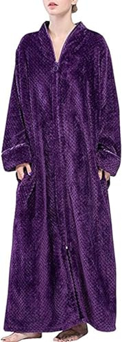 DSNOW - Albornoz largo de forro polar con cremallera para mujer, con diseño de gofre y toalla esponjosa, bata de dormir, Morado (, M