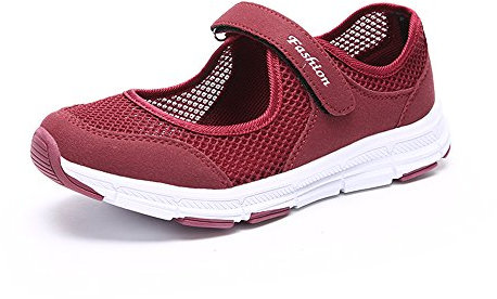 Damen Outdoor Fitnessschuhe Atmungsaktive Mesh Schuhe Sport Slipper mit Klettverschluss, Rot, 40 EU