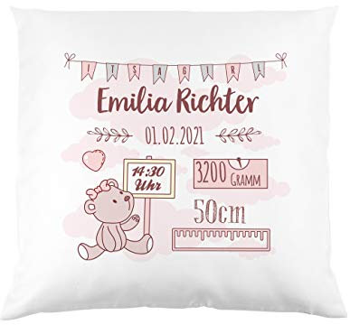 Striefchen® Kissen als Geschenk zur Taufe oder Geburt mit Namen & Datum - Teddybär - Babygeschenk oder Geburtskissen Mädchen