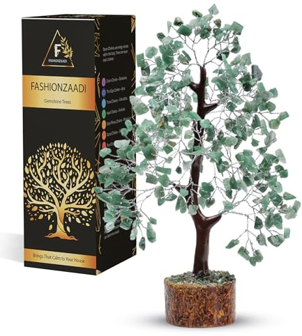Fashionzadi Green Aventurine Gemstone Bonsai Tree Healing Crystal, Chakra Tree, Reiki Stone, Good Luck Chakras, Crystal Home Office Living Room Table Decor Gift (10-12 Inch, Silver Wire)