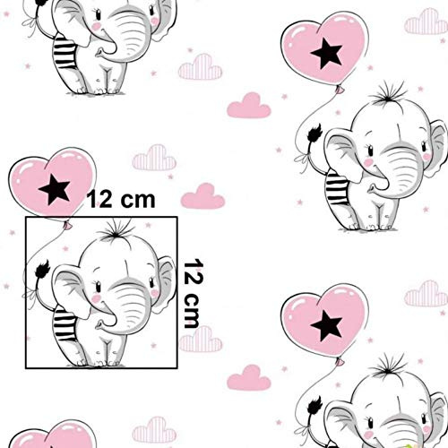 Pingianer 100x160cm Elefant 100% Baumwolle Baumwollstoff Kinder Meterware Handwerken Nähen Stoff (Elefant Luftballon Rosa, 100x160cm (11,99€/m))