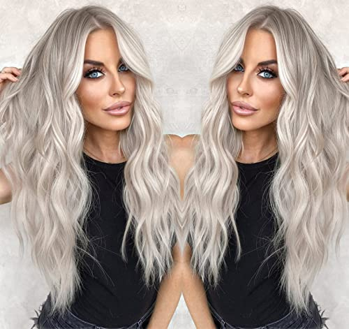 Vebonny Perruques blond glacé ondulées synthétiques, aspect réaliste, avec racines foncées et dégradé de couleur, blond platine, raie au milieu, 56 cm, Vebonny-101