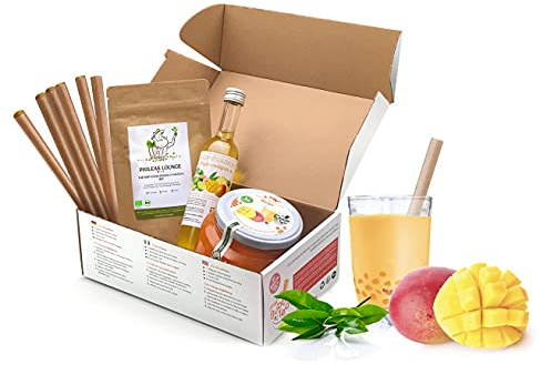 BUBBLE TEA KIT MANGO – 8 Getränke – Ohne künstliche Farbstoffe – Vegan und glutenfrei – 8 Strohhalme im Lieferumfang enthalten